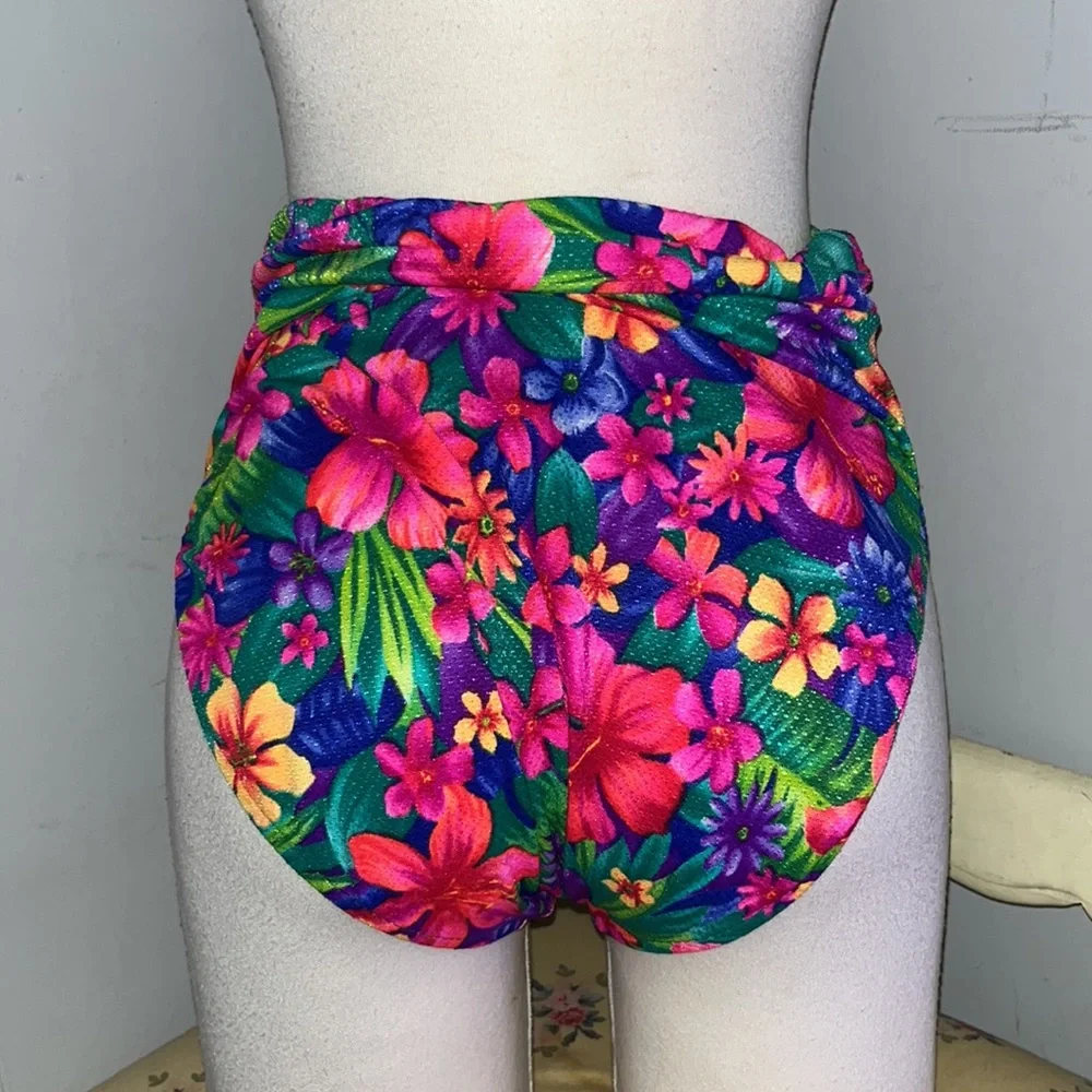 NEW Authentic Vintage High Waisted Bikini Swim Bottoms Bright Tropical Floral M